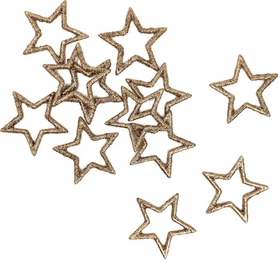 A collection of glittery star-shaped decorations scattered on a white background.