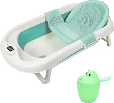 Image de Fiqops Baignoire pour bébé sur pieds Baignoire pour bébé pliable Vert 3 en 1 avec gobelet à shampoing