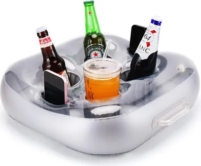 Produktbild von Aufblasbarer Pool Getränkehalter mit 4 Fächern, schwimmend für Flaschen, Snacks & Handy, ideal für Whirlpool, Strand & Poolpartys