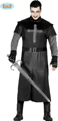 A man wearing a black knight costume, holding a sword.