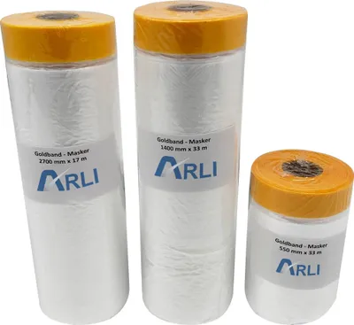 Produktbild von ARLI Goldband Masker 3er Set 550 mm 1400 mm 2700 mm Abdeckfolie Malerfolie Baufolie Tape