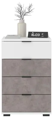 Produktbild von Nachttisch PIANO Beton Optik/weiß, Nachtkommode für Boxspringbetten, Nachtschrank mit 4 Schubladen und Griffen aus Kunststoff, Korpus aus MDF/Spanplatte