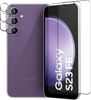 A purple Samsung Galaxy S23 FE phone with camera lens protectors and a screen protector next to it.