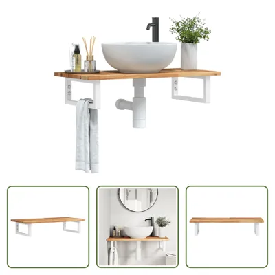 Image de The Living Store Étagère de lavabo murale en acier et acacia