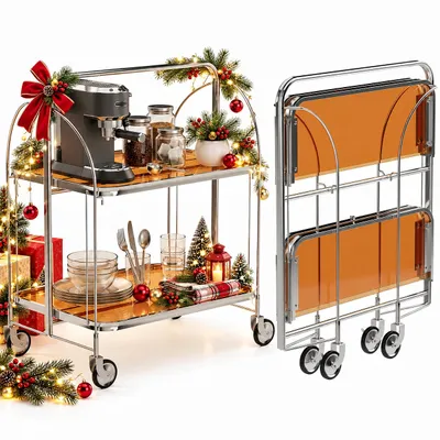 Produktbild von 2-stöckiger Servierwagen Edelstahl 68×40×80 cm – klappbar Küchenwagen mit Rollen, robuster Gastronomiewagen für Restaurant, Hotel, Schule, Küche