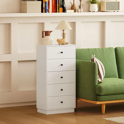 Produktbild von SUGIFT Kommode 5 Schubladen Schlafzimmer, Schubladenschrank Spanplatte, Sideboard Modern, Weiß | 47 x 29 x 95 cm | bis 25 kg | Kippschutz