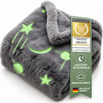 Produktbild von Feluna Kinder Kuscheldecke mit leuchtenden Sternen Leuchtdecke Glow in the Dark Flanell Fleece Decke für Jungen & Mädchen 152x127cm Grau