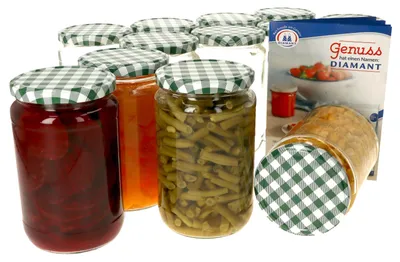 Produktbild von 12er Set Einmachglas 720 ml Deckel Grün Weiß Kariert Einkochgläser Vorratsglas Aufbewahrung