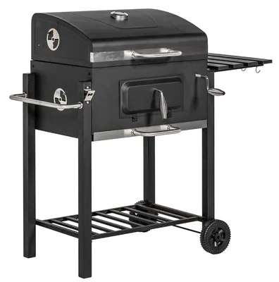 Image de Chariot à barbecue et barbecue au charbon de bois – Barbecue sur pied en acier inoxydable, 113 x 65 x 108 cm, table à barbecue stable et chariot à barbecue pour le jardin et la terrasse, noir