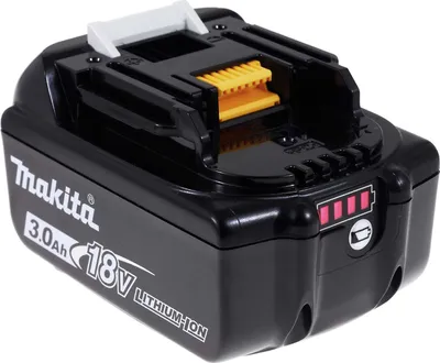 A black Makita power tool battery with a white and yellow connector on a white background.