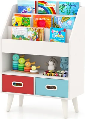 Image de COSTWAY Bibliothèque pour enfants, Étagère pour enfants avec 3 étagères, compartiment ouvert, 2 tiroirs en tissu & protection anti-basculement, Organisateur de jouets en bois blanc