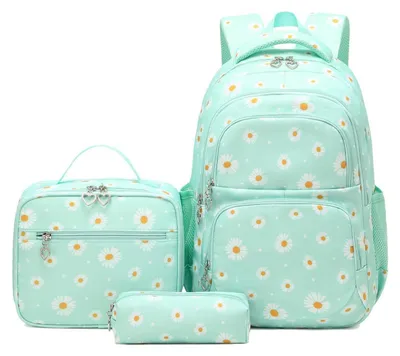 Image de Ensemble de sac à dos scolaire 3 pièces pour filles, vert, comprenant un sac à déjeuner et une trousse