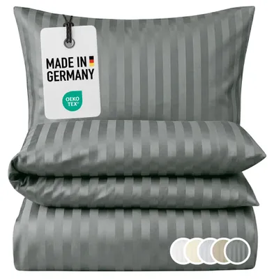 Produktbild von Damast Bettwäsche 155x220 Anthrazit gestreift Bettbezug 155 x 220 Streifen 100% Baumwolle