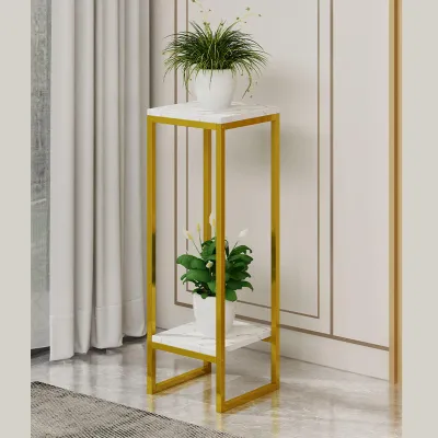 Produktbild von 2 Etagen Blumenständer 60cm Stabiler Eisenrahmen Multifunktional Einfacher Aufbau Blumentopf Regal für Balkon Garten Eingangsbereich Goldrahmen Weißes Tablett