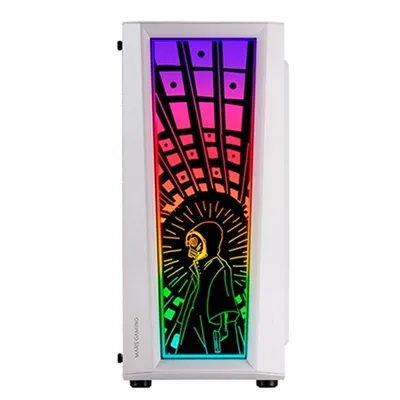 A white computer case with a colorful, graphic design on the front panel.