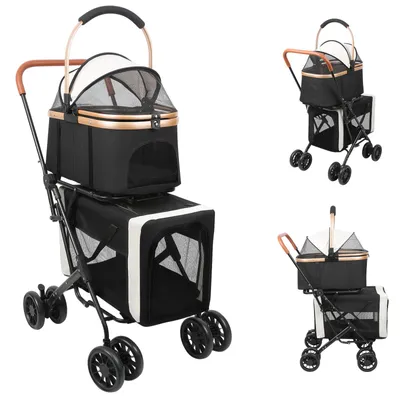 Produktbild von 2. Stock Hundebuggy Hundebox Faltbar Katzenbuggy mit Netzfenstern für 1 oder 2 Hunde Schwarz