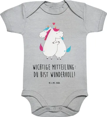 Produktbild von Mr. & Mrs. Panda Strampler Einhorn Mitteilung 3. - 6. Monat - Heather Grey - Geschenk, babykleidung body, Spruch, kurzarm, Unicorn, Baby, baumwolle, Liebe, Partner