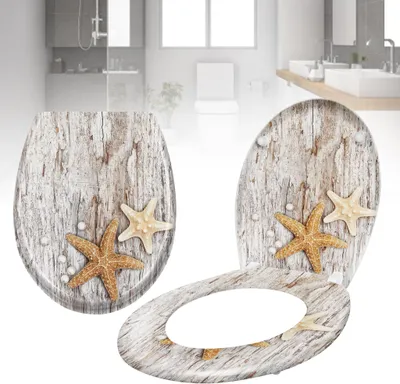 Three toilet seats with a wood grain and starfish design are displayed against a white background. The background shows a blurred bathroom scene with sinks and a shower.