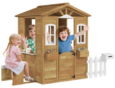 Image de Cabane de jeu, bois, porte, fenêtre, banc, boîte aux lettres, clôture, pour enfants de 3 à 6 ans, jardin, terrasse, jeu, créativité, stable, résistant aux intempéries, multicolore