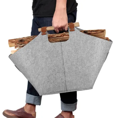 Produktbild von Vigevee Holzkorb für Kaminholz, 57 L Filzkorb Hellgrau, 3mm stark, 45 x 40 x 32 cm, faltbar mit Holzgriffen für Kamin und Ofen