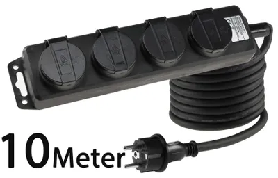 Produktbild von 4-Fach Steckdosenleiste Aussensteckdose mit 4 Schutzkontaktsteckdosen Klappdeckel 10m Kabel IP44 Mehrfachsteckdose für den Innen- & Außenbereich 230V 16A Schwarz