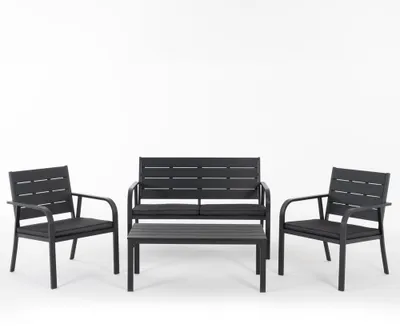 Immagine prodotto di Set da giardino composto da divano, 2 poltrone e tavolo in metallo e polietilene effetto legno con cuscini, ideale per terrazze e giardini - MATERA - Nero