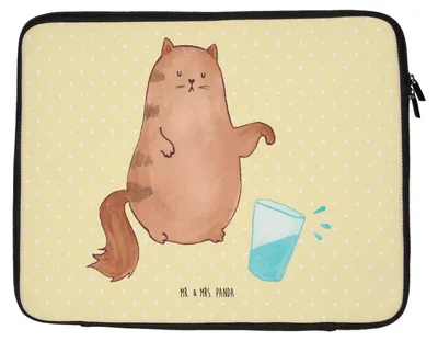 Produktbild von Mr. & Mrs. Panda Notebooktasche Katze Wasserglas 20 x 28 cm - Gelb Pastell - Geschenk, Katzen, Laptoptasche, Laptophülle, Laptop Hülle, Schutzhülle, Tasche, Haustier, Cat