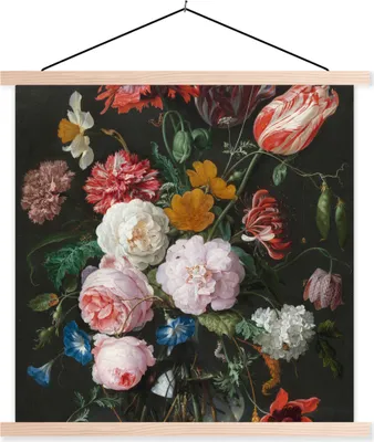 Obrázok produktu pre MuchoWow® Textilný plagát Zátišie s kvetmi v sklenenej váze - maľba od Jana Davidsz. de Heem 90x90 cm s dreveným farebným rámom - držiak na plagát