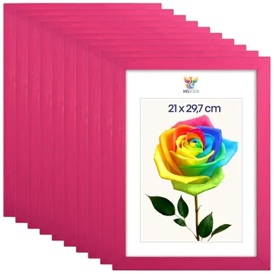 Produktbild von MG Design 10er Set Bilderrahmen Rosa A4 21x29,7 cm - Echtholzrahmen mit Acrylglas, hoch/quer, zum Aufhängen & Aufstellen