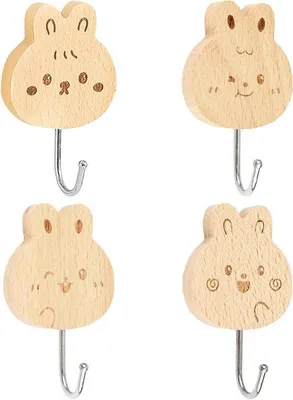 Image de Lot de 4 crochets muraux robustes en bois pour enfants