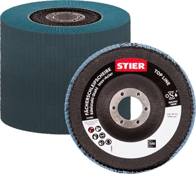 Produktbild von STIER Fächerschleifscheiben Profi Ø 115 mm, Set 10 Stück, 115x22,23, Korn 80 für Metall, Stein und Holz, Schleifscheiben, Fächerschleifscheibe für Winkelschleifer/Flex