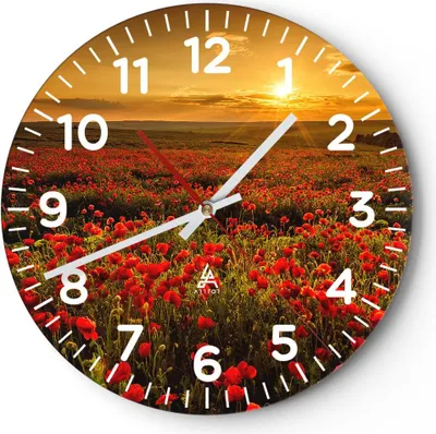 Produktbild von Wanduhr - Rund - Glasuhr - Mohn Blume Wiese - 30x30cm - Schleichendes Uhrwerk - Lautlos - zum Aufhängen bereit - Dekoration Modern - Wanddekoration aus Glas - C4AR30x30-3643