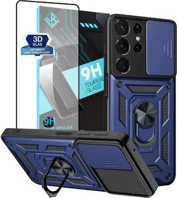 Produktbild von Armor Handyhülle für Samsung Galaxy S23 Ultra mit 9H Displayglas Displayschutz Kameraschutz Handy Panzer Case Cover Schutzhülle Outdoor Farbe: Blau