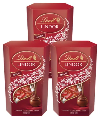 Zdjęcie produktu dla Lindor Cornet, mleczna czekolada pełnotłusta z nadzieniem, 200g, opakowanie zawierające 3 sztuki