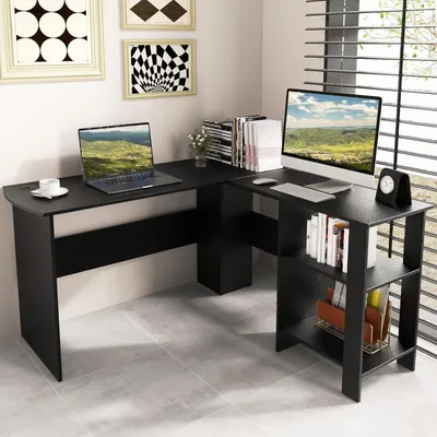 Image de Bureau en L, bureau d'angle avec 2 passages de câbles et casiers de rangement, table d'ordinateur d'angle, table de bureau pour la maison ou le bureau, 130 x 130 x 74 cm (noir)
