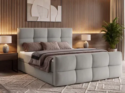 Produktbild von Boxspringbett MORINO 200x200 cm mit Bettkasten, Bonell-Matratze H3 und Topper – Bouclé Hellgrau