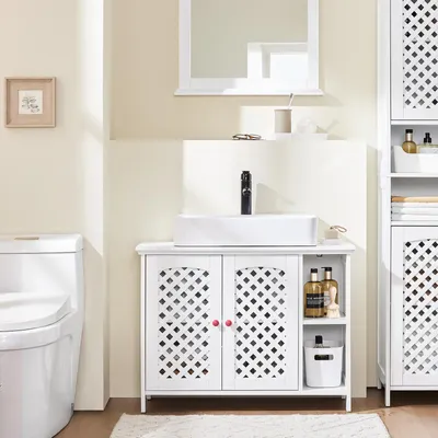 Produktbild von SoBuy Waschbeckenunterschrank Badezimmerschrank mit 2 Türen & Offenem Regal, Verstellbarem Einlegeboden Badmöbel Unterschrank für Waschbecken BZR210-W
