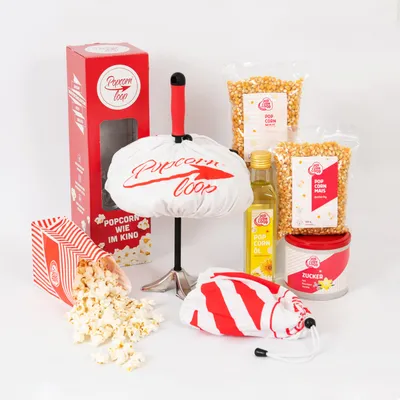 Produktbild von Das Starter Paket Popcornloop, Butterfly, Mushroom, 10 Stk Popcorn Tüten, Zusatzhaube, Popcornzucker