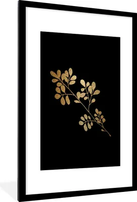 Produktbild von MuchoWow® MuchoWow® Gerahmtes Poster Blätter - Zweig - Gold 60x90 cm - Poster mit zchwarzem Bilderrahmen - Dekoration - Wandposter Wohnzimmer - Hochwertig