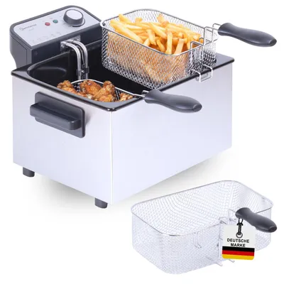 Produktbild von Sommertal XXL Doppel-Fritteuse mit Öl oder Fett – 3 Körbe, 5 Liter, 3000 Watt, Kaltzone, DF3270 – echte Edelstahl Fritteuse für knusprige Pommes