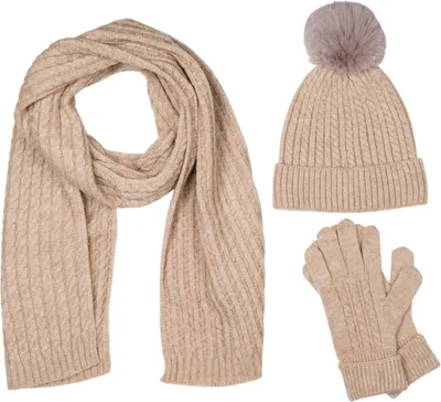 Produktbild von styleBREAKER Damen Set 3-Teilig aus Schal, Bommelmütze und Handschuhe, Zopfmuster Strickschal Warm Winter Einfarbig 01018270