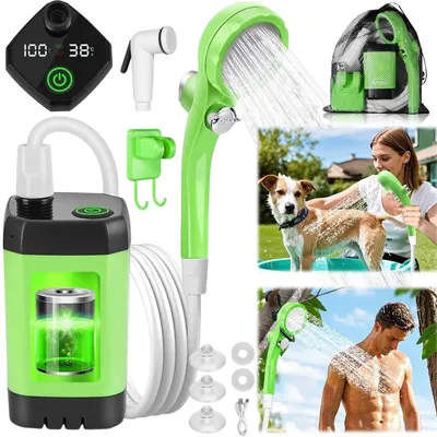 Produktbild von Elektrische Campingdusche, wiederaufladbare Wasserpumpe, 3 Wasserstrahlmodi, Temperaturanzeige, 5 l/min, 2 m Schlauch