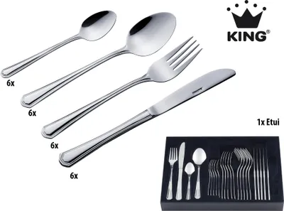 Produktbild von 25tlg. KING® Besteckset Düsseldorf im ETUI / Edelstahl 18/0 / Messerstahl / 6x Menülöffel, 6x Menügabel, 6x Menümesser, 6x Kaffeelöffel, 1x Etui