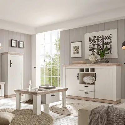 Produktbild von Wohnmöbel Set in Landhaus Pinie weiß und Oslo Nb. FERNA-61 Couchtisch Kommode und Sideboard B/H/T ca. 239x146x44 cm
