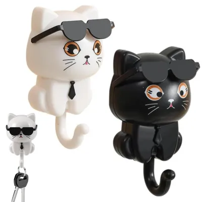 Katzen-Schlüsselhalter, 2 Stück, selbstklebend, Wandhaken, Weiß/Schwarz