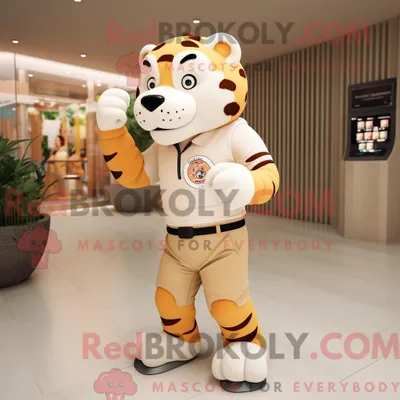 Produktbild von Beiges REDBROKOLY Tiger-Maskottchen-Kostüm mit Poloshirt und Smartwatches