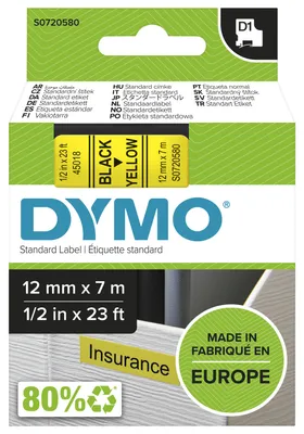 Zdjęcie produktu dla DYMO D1 oryginalne etykiety | czarny nadruk na żółtym | 12 mm x 7 m | samoprzylepne etykiety do drukarek etykiet LabelManager, Czarny na żółtym, D1, Poliester, Belgia, -18 - 90 °C, DYMO