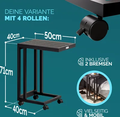 A diagram showing the dimensions of a black C-shaped side table with wheels, along with marketing text and icons.