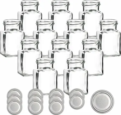 Produktbild von gouveo 12er Set Einmachgläser 150 ml eckig Schraubverschluss silberfarben - Kleine Vorratsgläser mit Deckel