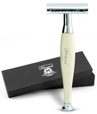 Produktbild von Rasierhobel mit Doppelklinge für Unisex, Metallgriff, Elfenbein Pack, Rutschfester Nassrasierer aus hochwertigem Messingsilber, Abwaschbarer 11.5 cm